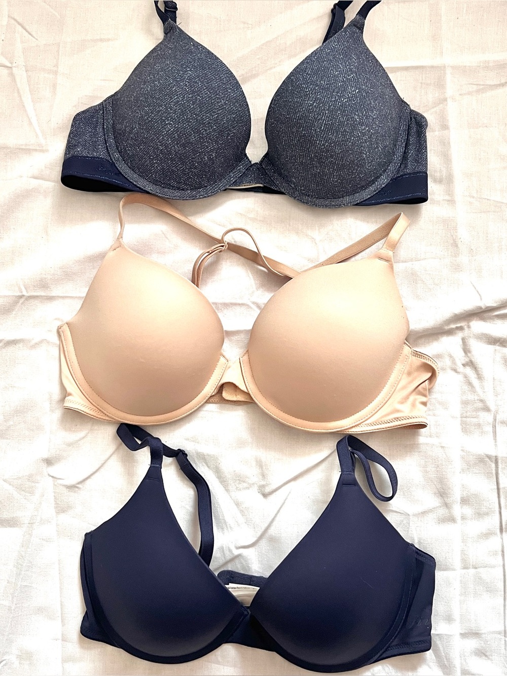 3-Pack Women’s T-Shirt Bra Set by PINK VS- Navy, Beige, Heathered Blue 34C